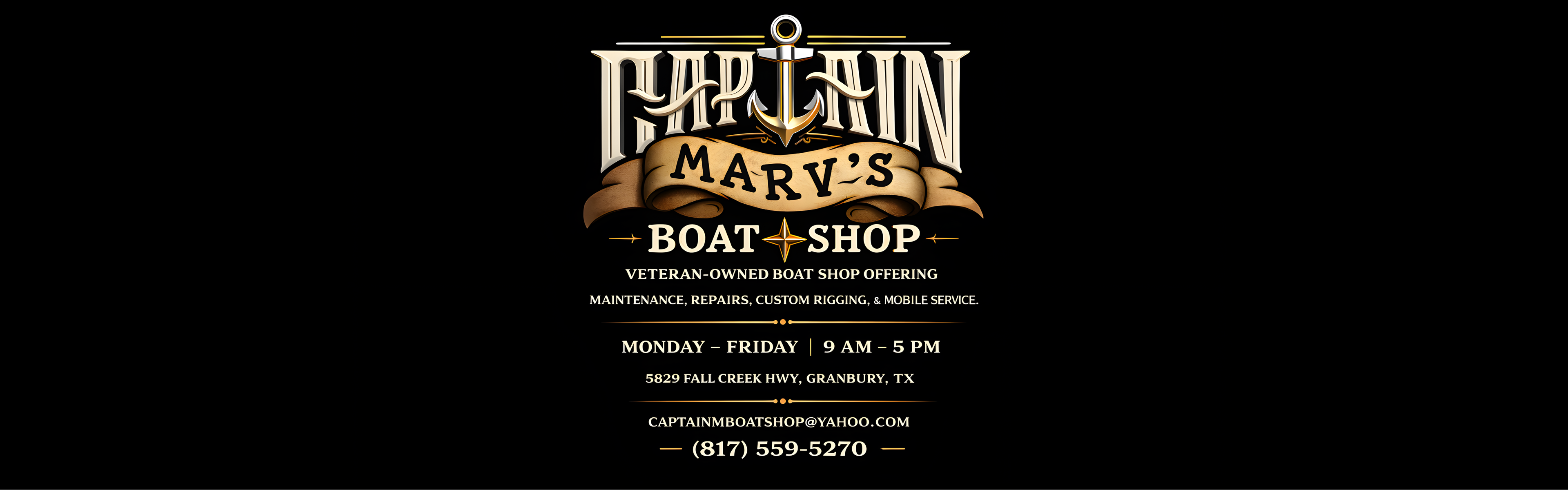 Advertisement for Captain Marv's Boat Shop with contact information on a black background